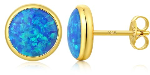 Placcati Oro Orecchini Opale Orecchini a bottone in Argento Sterling 925 Opale Blu Rotondo Gioielli Ipoallergenici per Donna 8 mm