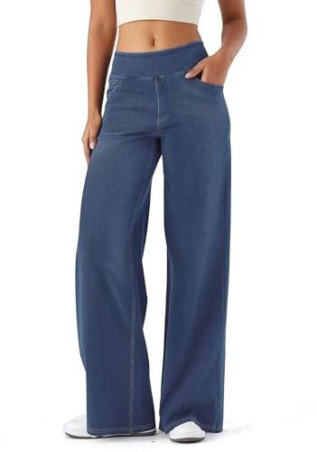 ZIRUU Women Stretchy Denim Wide Straight Leg Jeans High Waisted Baggy Trendy Tummy Control Pants with Pockets Loose Fit Elasticity Casual Jeans