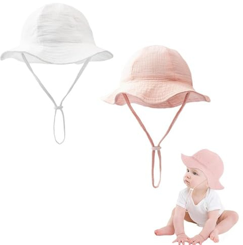 AYZDJ Pack de 2 Sombreros para bebé niña – Sombrero Tipo Cubo de algodón Suave para recién Nacidos y niños pequeños, Correa Ajustable bajo la Barbilla, Gorro Ligero de Playa para 3-12 Meses