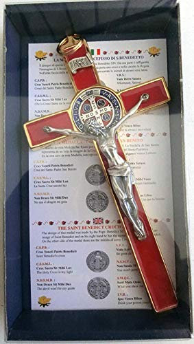 10.004.21 RED CROCE ORO ROSSO SAN BENEDETTO 20 CM SMALTATA CON SCATOLA BOX GIFT SAINT BENEDICT ESORCISMO PRETE ESORCISTA SACERDOTE SUORA CHIESA