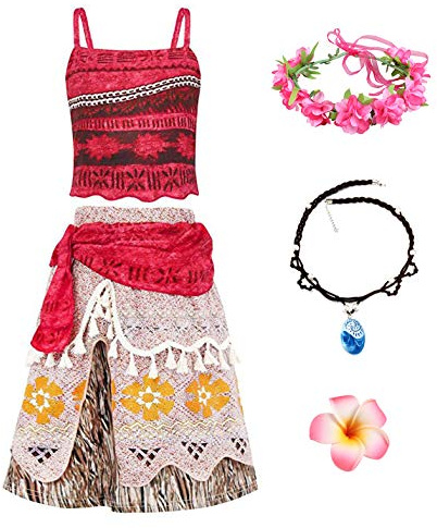 New front Déguisement Fille Moana Robe de Princesse Vaiana Enfants Robe de Costume 3-7 ans Collier Guirlande Cosplay Cadeau de Noël Halloween Carnaval Frange Bretelle，Multicolore，100