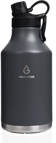 VOLCAROCK Vacuum Insulated Jug with Straw Lid Dustproof, Half Gallon Insulated Beer Growler, 3 Lids Wide Mouth Thermos Mug, Leakproof BPA Free and Dishwasher Safe - 64 Oz Grey
