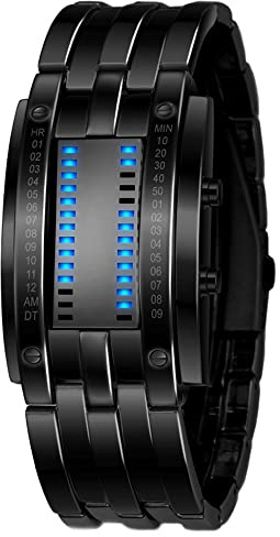 Yxian Reloj para Hombre/señora, Reloj Digital Binario Simple híbrido a la Moda, Reloj Informal de Acero Inoxidable con Esfera Rectangular y luz LED (Hombre Negro)