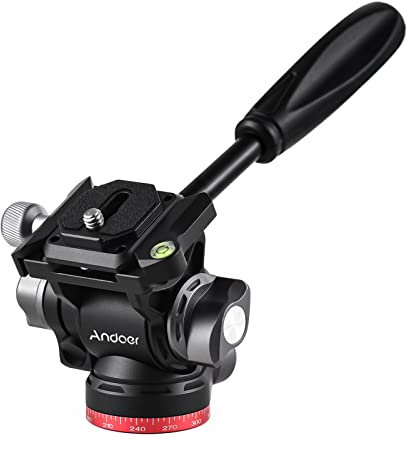 Andoer Compact Video Fluid Head Pan Tilt Tripod Head Panorama Ballhead Tripod Mount Aluminum Alloy 1/4 Inch Screw 10kg/22lbs Load Capacity with Handle Quick Release Plate