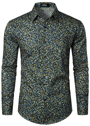 JOGAL Mens Regular fit Floral Dress Shirt Long Sleeve Printed Casual Button Down Shirts Navy Floral X-Large