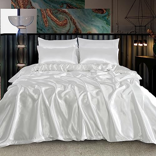 ROOEE Set completo di biancheria da letto in raso di seta, 6 pezzi, lenzuolo con angoli, copripiumino, 4 federe. Colore - Bianco Dimensioni - Matrimoniale