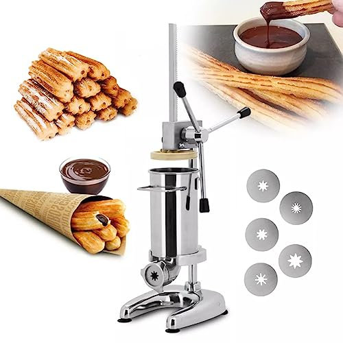 Máquina para hacer churros manual, máquina para hacer churros de donuts españoles comerciales de 2L/3L con 5 moldes, máquina para hacer churros españoles verticales de acero inoxidable, máquina de 2L