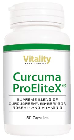 Capsule di curcuma ad alto dosaggio I Curcugreen Curcumina, rosa canina, vitamina D3, vitamina C, zenzero (60 pezzi) Alta biodisponibilità e bioattività, Curcuma ProEliteX® Vitality Nutritionals by