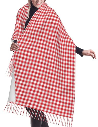 GRatka Écharpe, à carreaux géométriques rouge blanc vichy beauté, écharpe à franges unisexe grand chaud doux cachemire sensation châles enveloppes 196x68 cm