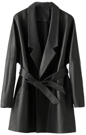 Trenchcoat da donna in pelle di pecora lunghezza media da ufficio con risvolto dentellato cintura cappotti in pelle di agnello con tasca, Nero , S