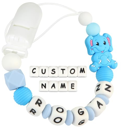 Kowlone Attache Sucette Nom Personnalisé Prenom Silicones Éléphant Attache Tétine en Clips Chaîne pour Bébé Filles Garçons(Bleu Clair)