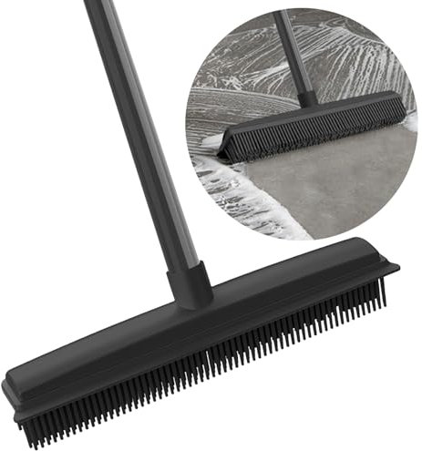 2 in 1 Rubber Broom with Squeegee Edge, Carpet Brush with Adjustable Long Handle Outdoor Soft Push Broom for Pet Cat Dog Hair Removal Carpet Kitchen Garden Yard Window Cleaning (Black Fur Removal)