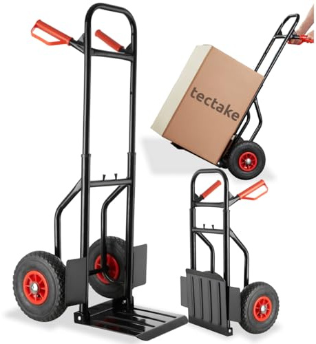 tectake® Heavy-Duty Sack Truck with Robust, Telescopic Steel Frame, Folding Loading Shovel, Pneumatic Tyres, Extra Cross Bars & Safety Handles, Easy Assembly - Trolley on Wheels with 200 kg Capacity