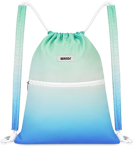 WANDF Kordelzug-Rucksack mit Schulterpolster Turnbeutel Sportbeutel Gym Bag Verstellbar Tunnelzug Gymsack für Damen Herren Kinder mit Innentasche 11 Liter für Sport und Reisen (Blau-Grün-Farbverlauf)