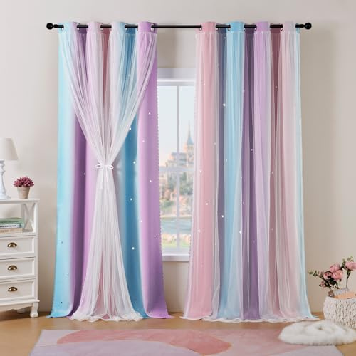 Best Baisite Gardinen Kinderzimmer 2er Set Verdunklungsvorhänge H 225 X B 132cm Doppellagige Vorhänge mit Hohlen Sternen Kinder Mädchen Baby Ösenschal Ösenvorhange Dekoration