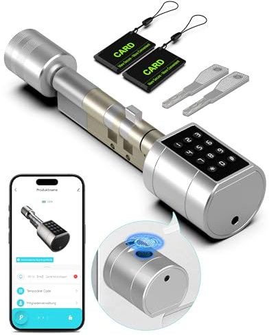 Eseesmart Türschloss Fingerabdruck, Fingerabdruck Schloss mit Zahlencode RFID Schlüssel APP, Elektrisches Smart Türschloss SchließZylinde Einstellbare Länge für 65-90mm Tür
