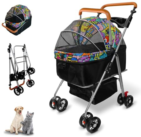 Poussette pour animal de compagnie avec panier de rangement et porte-gobelet, jogging pliable pour chien, chat, chariot 3 en 1, jogging pour chien et chat de taille moyenne (noir magique)