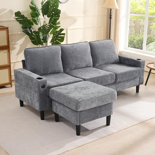EINHOM L-Shaped Multifunctional Corner Sofa, Sectional Sofa with USB and Cup Holder, Fabric Sofa for Living Room Flat, with Reversible Recliner, Suitable For Many Styles (Grey)