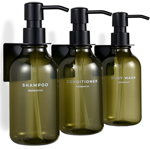 MaisoNovo Schampo- och balsamdispenser - duschdispenser väggmonterad | 500 ml duschgel dispenser set med 3. Påfyllningsbart schampo och balsamflaskor. Borrfri säker design. Grön