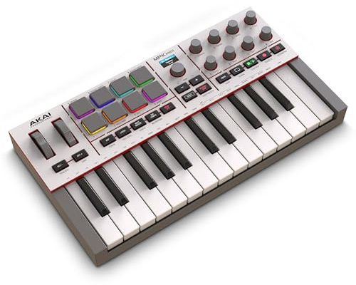 Akai Professional MPK Mini IV USB-C MIDI Keyboard Controller for Beginners and Producers - MPC Drum Pads, 360° Knobs, Pitch and Mod Wheels, Production Software, Native Instruments Sound Package, Grey