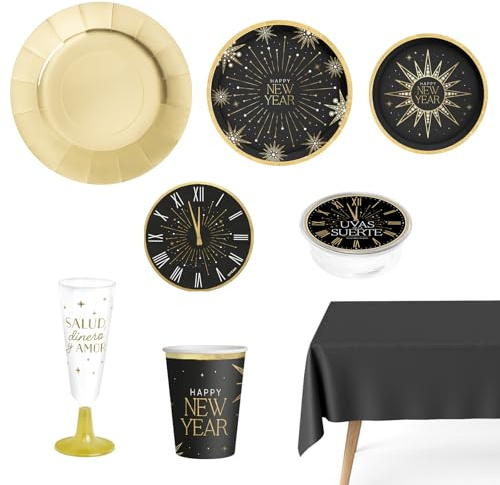 OH YEAH - Kit Vajilla Desechable 12 Personas Nochevieja - 84 Piezas - Negro y Oro - Platos, Vasos, Servilletas - Decoración Mesa Fin de Año - Diseño con Estrellas Brillantes - Fiesta Navidad Elegante