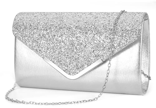 HTTDSLF Bolso de Mano de Mujer con Cadena Elegante, Bolsos Clutch Fiesta de Noche Brillante con Cadena, Citas Románticas y Eventos de Noche, para Boda, Fiesta, Cóctel, Graduación, Vacaciones (plata)