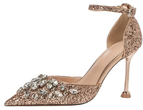 Gueploer Zapatos De Tacón Alto con Brillo, Zapatos De Boda para Mujeres con Hebilla En El Tobillo, Tacones De 9.5 Cm Estilo Stiletto, Zapatos De Fiesta para Uso Diario,B,37 EU