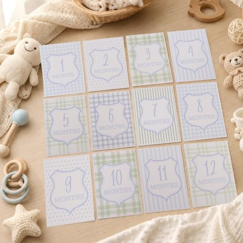 Watercolor Gingham Baby Milestone Cards, 12Pc Matte Monthly Photo Props (Baby Milestone Cards)