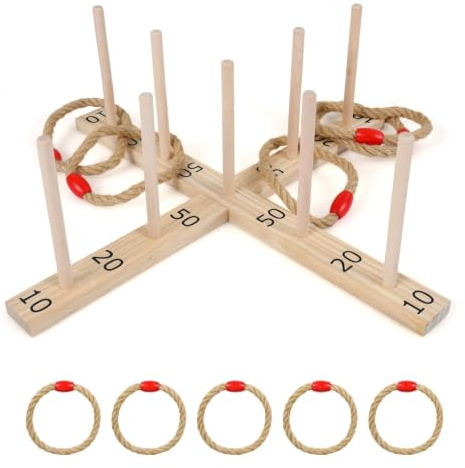 HOMASIS Jeu de Lancer d'Anneaux en Bois | avec Anneaux en Corde, Poignées Bois, Montage Sans Outil, Portable pour Extérieur, Intérieur, Jardin, Camping, Fête, 3 Ans+