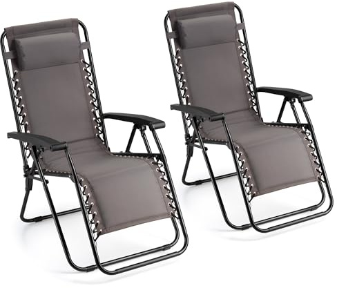 VonHaus Zero Gravity Chairs Set of 2 - Grey Reclining Sun Loungers for Garden - Padded Folding Sunloungers with Detachable Head Pillow - Fold Away 2 Set Deck Chairs for Outdoor, Patio & Decking | Folding Garden Sunloungers, Adjustable Headrest & Locking System, Fold Away 2 Deck Chairs for Outdoor, Patio, Grey