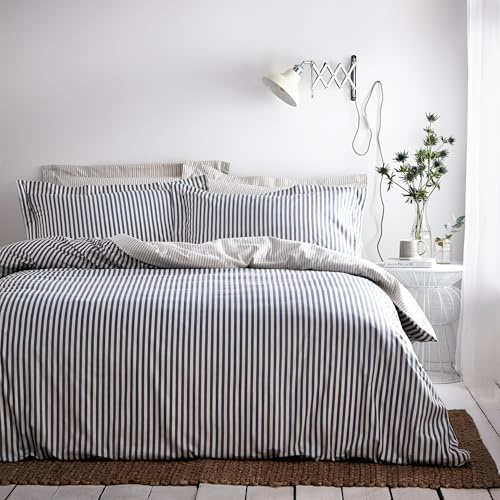 furn. Yard Hebden 100% Cotton Stripe Duvet Cover Set – Reversible Striped Bedding (Navy, Super King)