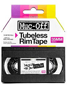 Muc Off Tubeless Rim Tape - Pressure-Sensitive Semi-Transparent Rim Tape for Tubeless Bike Tyre Setups - Extreme Strength and Durability - 10m Roll with 4 Seal Patches - 35mm