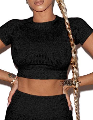 RIOJOY Seamless Sexy Going Out Crop Top for Women Slim Fit Short Sleeve Sports Gym Wear Tee Shirts Ladies Summer Clothes Running Yoga Workout Tops