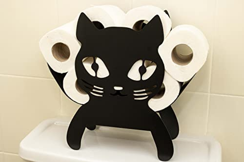 HomeZone Metal Cat Toilet Paper Holder Wall Mounted and Free Standing Storage Rack for 8 Rolls, Black Bathroom Kitchen and Firewood Storage
