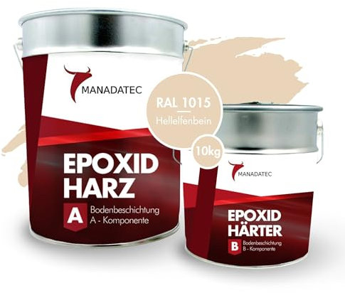 MANADATEC 2k Epoxidharz Bodenbeschichtung 1kg I RAL 1015 Hellelfenbein I Lösemittelfrei, Umweltfreundlich & Geruchsneutral I Beschichtung für Garagen- & Kellerböden I Hohe Schlagfestigkeit
