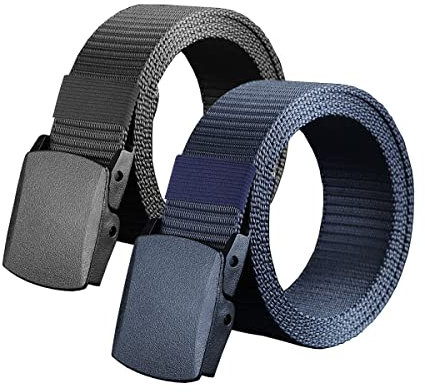 Heshebuy 2 Stück Gürtel Herren Arbeitsgürtel Ohne Löcher Stoffgürtel Stufenlos Verstellbar Nylon Belt mit Kunststoff Schnalle (Schwarz + Blau)