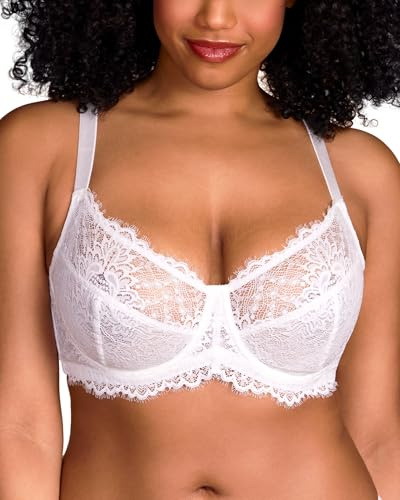 HSIA Minimizer Bra for Women - Plus Size Lace Full Coverage Womans Bra Unlined Underwire Bra for Heavy Breast White