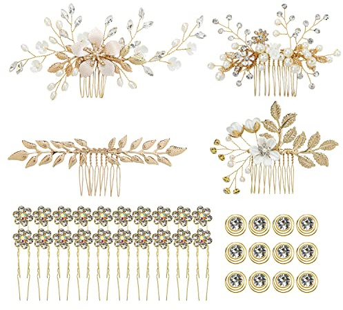 inSowni 36 Pack Gold Flower Leaf Bridal Wedding Hair Side Combs+U-shaped Flower Hair Pins+Spiral Rhinestone Clips Barrettes Hair Pieces Headpieces Accessories for Brides Bridesmaids Women Girls