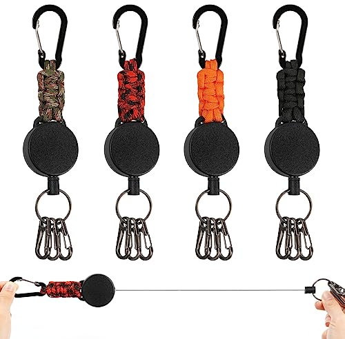 LURICO Llavero Retráctil Con Clip, 4 Piezas Extensible y Resistente, Mosquetón de Carrete Con 60cm de Alambre de Acero Cuerda