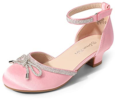 DREAM PAIRS Girls Rhinestone Pumps | Low Block Heel Steady, Rhinestone Bow Sparkle, Cushioned Insole Party Wear