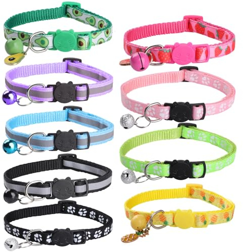 Bigqin 9 Piezas Collar Gato Antiahogo, Personalizado con Hebilla de liberación de Seguridad, Ajustables Collares para Gatos con Campana, Reflectantes Collar para Gato