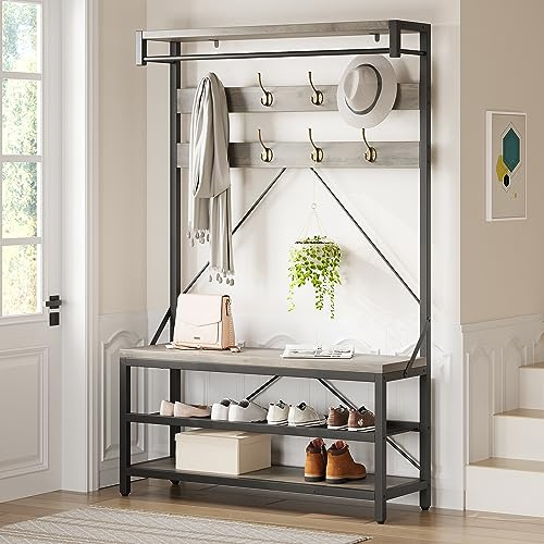 IDEALHOUSE Coat Rack Shoe Bench Industrial Hall Tree Storage Bench for Entryway Wood Look Accent Large Shoe Rack with Storage Shelf Hanging Bar,8 Hooks Grey 39.9x15.7x72