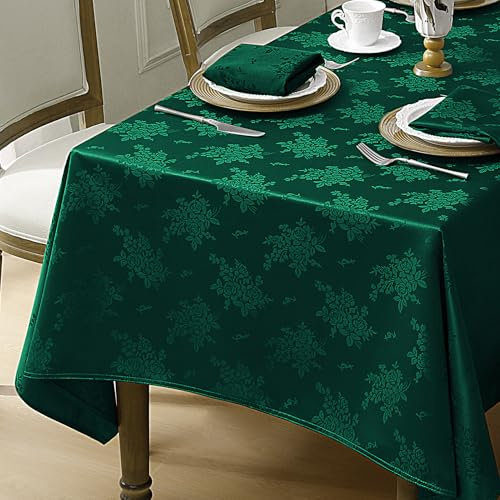 Romanstile Dark Green Rectangle Tablecloth - Spring Waterproof Damask Rose Floral Pattern Decorative Table Cloth, Heavy Weight Jacquard Fabric Table Cover for Dining/Party/Holiday - 60 x 84 Inch