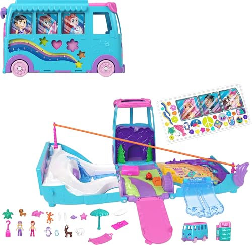Polly Pocket Micro Dolls and Transforming Camper Van Vehicle, Accessories Include Pets and Toy Car, Pet Mobile Adventure Playset, JCC22