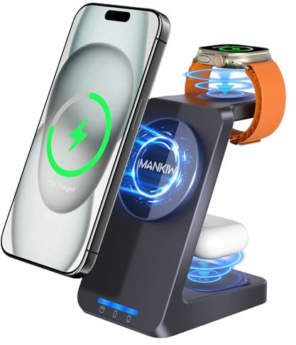 MANKIW Cargador Inalámbrico para iPhone,3 En 1 Estación de Carga magnética 18 W, Base Cargador magnética portátil Compatible con iPhone 17/16/15/14/13/12, Watch Ultra 9/8/7/6, AirPods 4/3/2/Pro