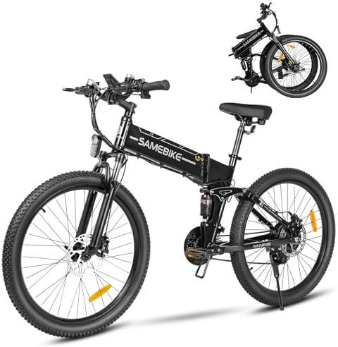 SAMEBIKE Electric Bike For Adults, 48V 14AH Removable Battery Folding Full Suspension Softtail Mountain Ebike Wtih High-speed Motor 20 * 2.35 inches Tyre, Long range 25 miles, 7 Speed Flywheels