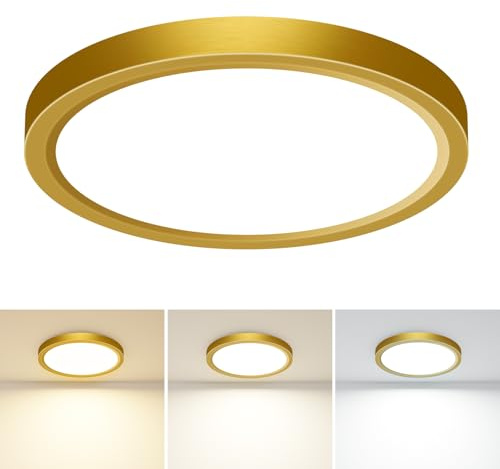 slochi Bathroom Light, 3000K/4000K/6500K 3 Color Temperature, Waterproof, Small, Round, Modern, 18W 2100LM Flush Ceiling Light for Bathroom, Kitchen, Bedroom, Hallway,Ø22CM(Gold)