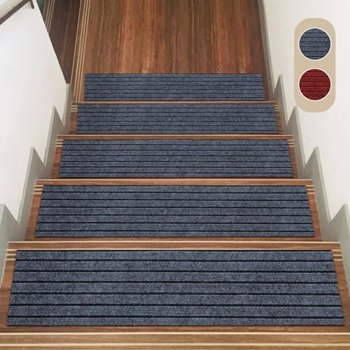 IGTOPS Alfombrillas antideslizantes para escalones interiores, 15 unidades, 22 x 70 cm, poliéster con respaldo TPE, para niños, ancianos y mascotas (gris con rayas)