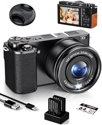 Ade Cámara Digital, 4K 64MP Cámara de Fotos con Sensor CMOS y Zoom óptico de 12x, Cámara compacta para Fotos con Pantalla de 2,8, WiFi/HDMI, Tarjeta de 64 GB, 2 baterías y Cargador (Negra)