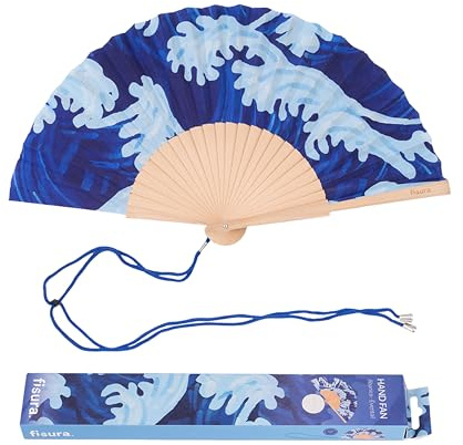 Fisura – Abanico original con estampado de olas. Abanico de madera moderno y colorido. Ventilador de mano azul. Colgador incluido. Medidas: 42,5 x 23 cm